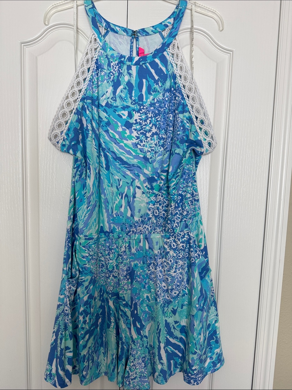 Lilly Pulitzer Blue & Aqua Floral  Romper with Lace Armholes